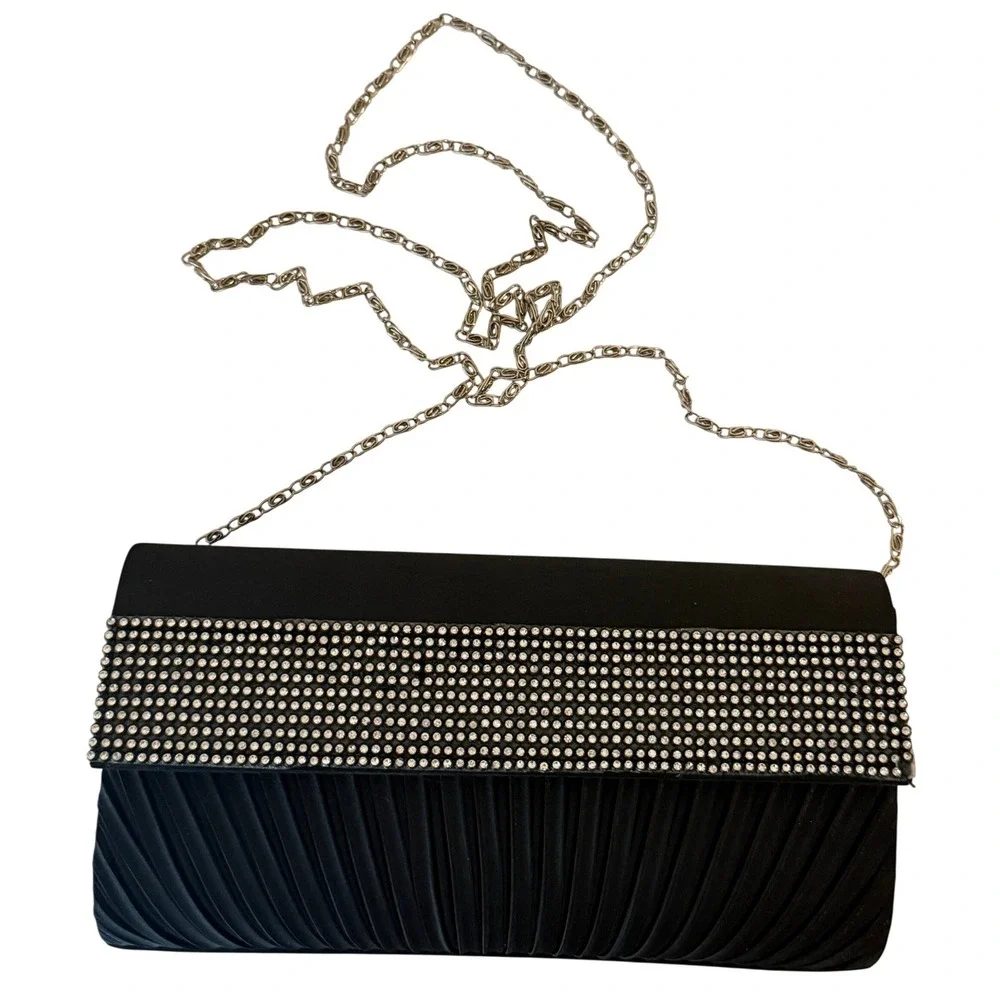 Vintage Evening Clutch Women‎ Black Rhinestone Pleated Satin Chain Strap Regency